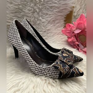 Tory Burch Heels Cleo Tweed Silk Bow Navy Mix Media 8.5